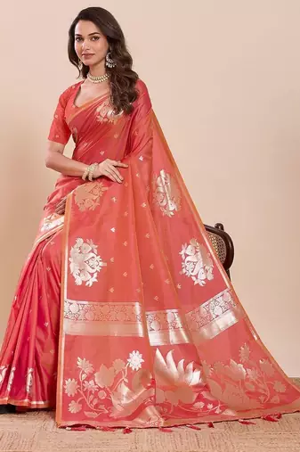 Coral woven design saree with unstitched blouse