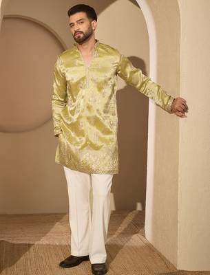 Men’s lime green silk blend kurta with solid zari embroidered | trendy ethnic wear for festive, wedding & party 3