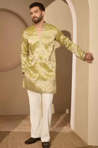 Men’s lime green silk blend kurta with solid zari embroidered | trendy ethnic wear for festive, wedding & party