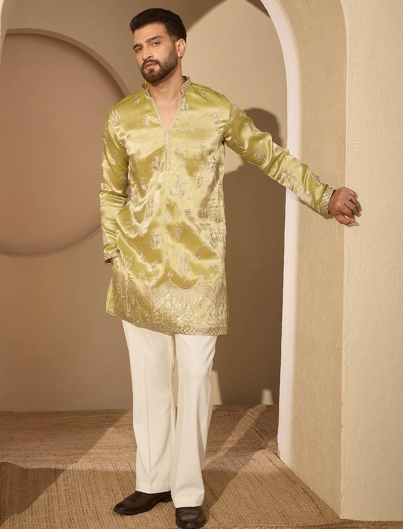 Men’s lime green silk blend kurta with solid zari embroidered | trendy ethnic wear for festive, wedding & party