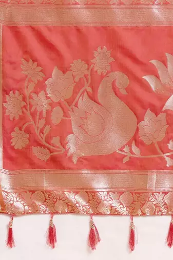 Coral woven design saree with unstitched blouse