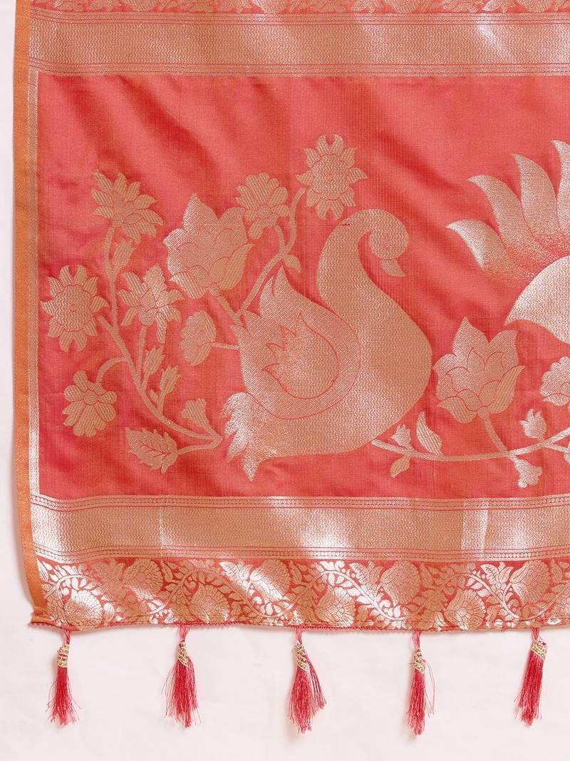 Coral woven design saree with unstitched blouse
