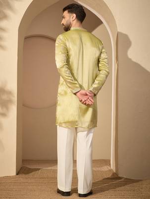 Men’s lime green silk blend kurta with solid zari embroidered | trendy ethnic wear for festive, wedding & party 4