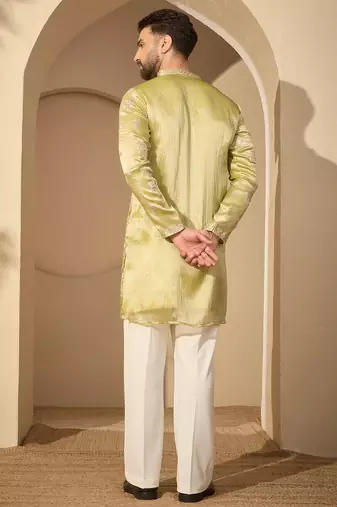 Men’s lime green silk blend kurta with solid zari embroidered | trendy ethnic wear for festive, wedding & party