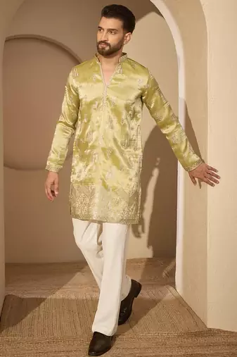 Men’s lime green silk blend kurta with solid zari embroidered | trendy ethnic wear for festive, wedding & party