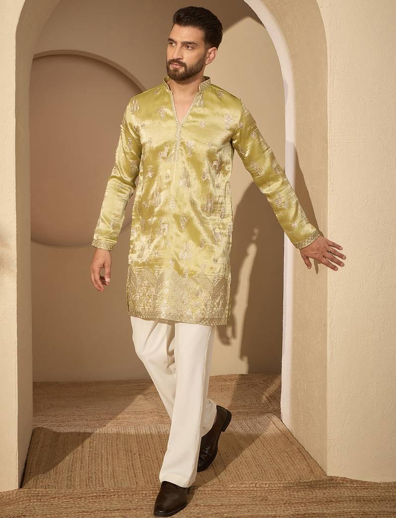 Men’s lime green silk blend kurta with solid zari embroidered | trendy ethnic wear for festive, wedding & party