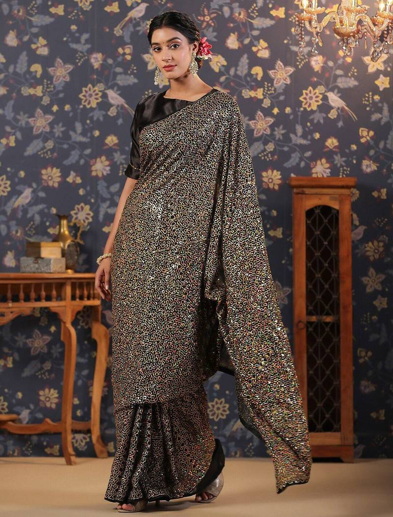 Black sequined georgette sarees