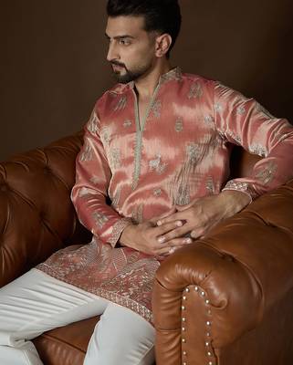 Men’s peach silk blend kurta with solid zari embroidered | trendy ethnic wear for festive, wedding & party occasions 1
