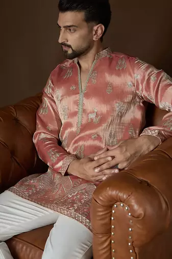 Men’s peach silk blend kurta with solid zari embroidered | trendy ethnic wear for festive, wedding & party occasions