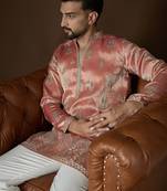 Men’s peach silk blend kurta with solid zari embroidered | trendy ethnic wear for festive, wedding & party occasions