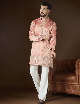 Men’s peach silk blend kurta with solid zari embroidered | trendy ethnic wear for festive, wedding & party occasions 3