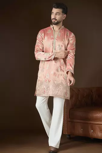Men’s peach silk blend kurta with solid zari embroidered | trendy ethnic wear for festive, wedding & party occasions