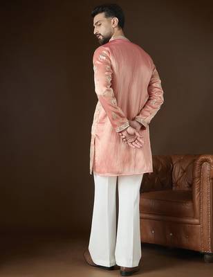 Men’s peach silk blend kurta with solid zari embroidered | trendy ethnic wear for festive, wedding & party occasions 4