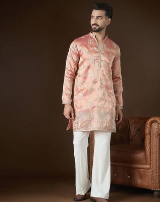 Men’s peach silk blend kurta with solid zari embroidered | trendy ethnic wear for festive, wedding & party occasions 5