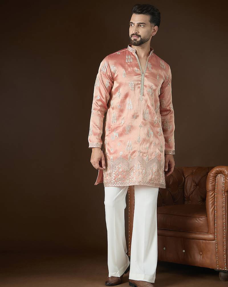 Men’s peach silk blend kurta with solid zari embroidered | trendy ethnic wear for festive, wedding & party occasions