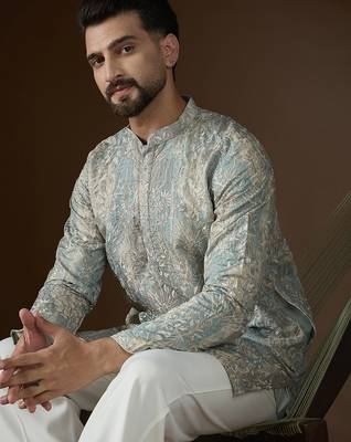 Men’s beige silk blend kurta with abstract sequins embroidered | trendy ethnic wear for festive, wedding & party 2