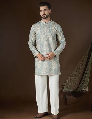 Men’s beige silk blend kurta with abstract sequins embroidered | trendy ethnic wear for festive, wedding & party 1