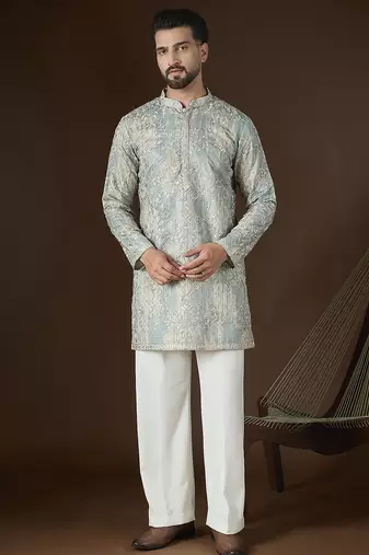Men’s beige silk blend kurta with abstract sequins embroidered | trendy ethnic wear for festive, wedding & party