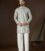 Men’s beige silk blend kurta with abstract sequins embroidered | trendy ethnic wear for festive, wedding & party