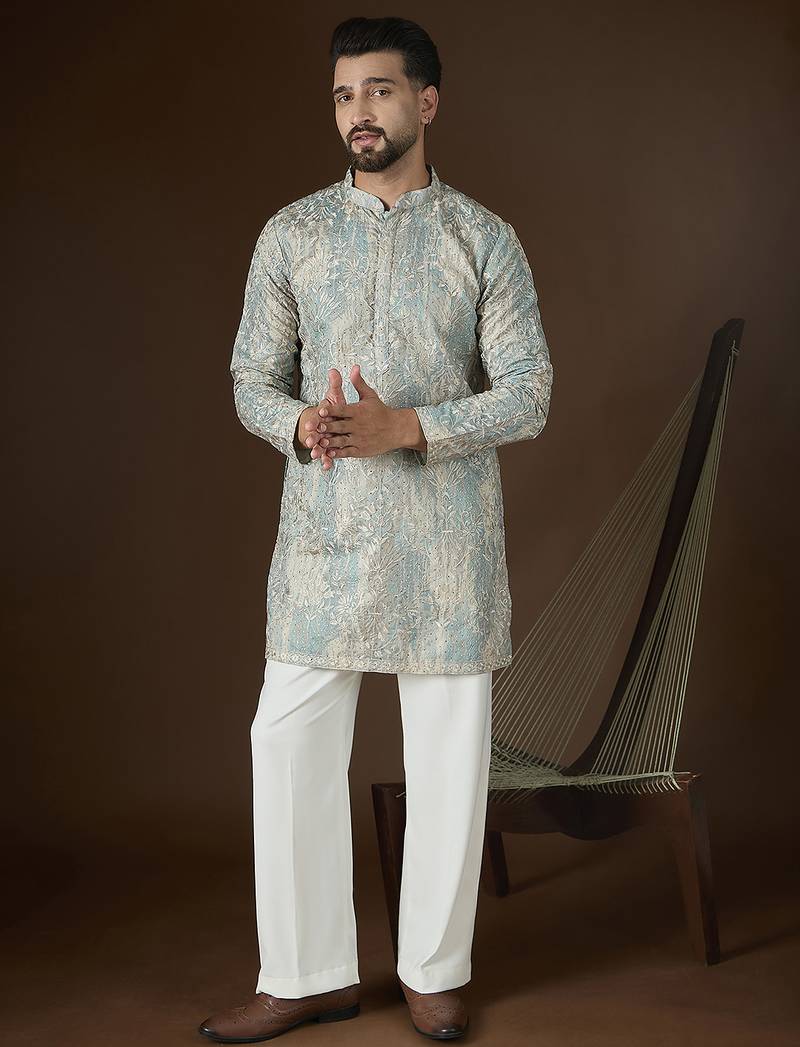 Men’s beige silk blend kurta with abstract sequins embroidered | trendy ethnic wear for festive, wedding & party