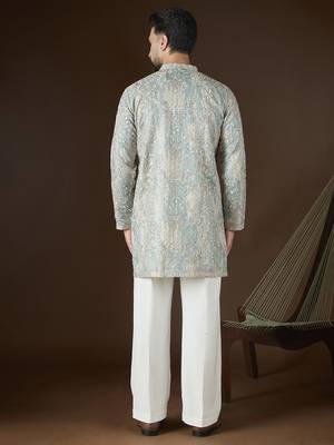 Men’s beige silk blend kurta with abstract sequins embroidered | trendy ethnic wear for festive, wedding & party 4