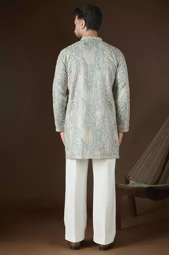 Men’s beige silk blend kurta with abstract sequins embroidered | trendy ethnic wear for festive, wedding & party