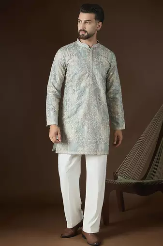 Men’s beige silk blend kurta with abstract sequins embroidered | trendy ethnic wear for festive, wedding & party
