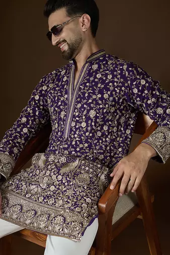 Men’s violet georgette kurta with solid sequins embroidered | trendy ethnic wear for festive, wedding & party occasions