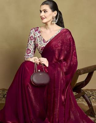 Maroon embellished sequined saree with blouse piece 1
