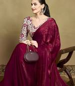 Maroon embellished sequined saree with blouse piece