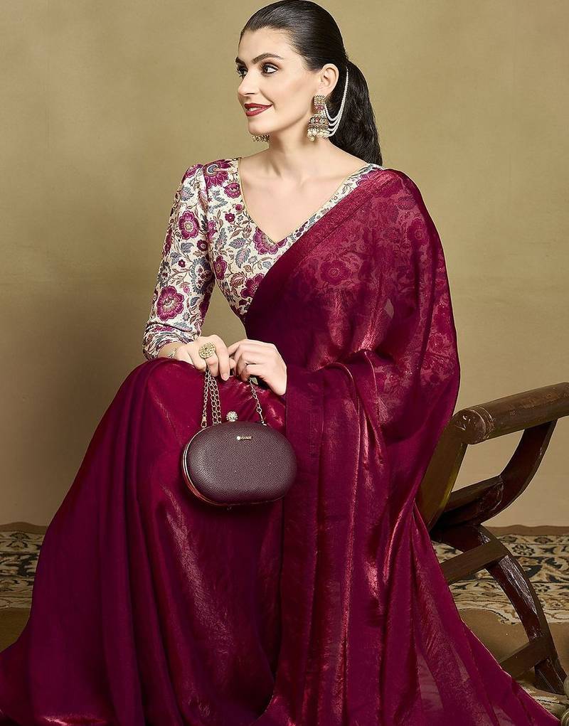 Maroon embellished sequined saree with blouse piece