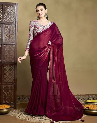 Maroon embellished sequined saree with blouse piece 2