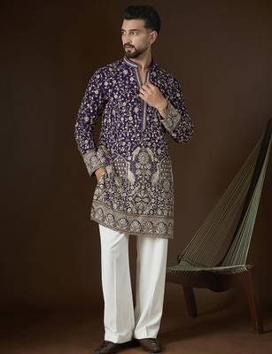 Men’s violet georgette kurta with solid sequins embroidered | trendy ethnic wear for festive, wedding & party occasions 1