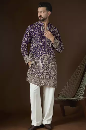 Men’s violet georgette kurta with solid sequins embroidered | trendy ethnic wear for festive, wedding & party occasions