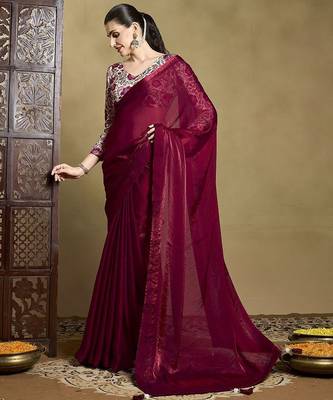 Maroon embellished sequined saree with blouse piece 3