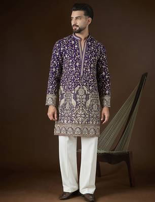 Men’s violet georgette kurta with solid sequins embroidered | trendy ethnic wear for festive, wedding & party occasions 5