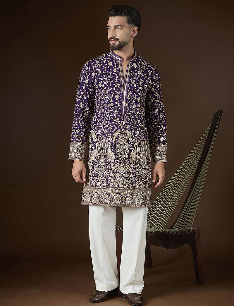 Men’s violet georgette kurta with solid sequins embroidered | trendy ethnic wear for festive, wedding & party occasions