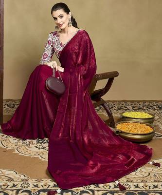 Maroon embellished sequined saree with blouse piece 4