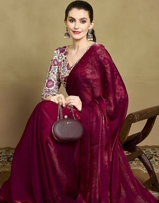 Maroon embellished sequined saree with blouse piece 5