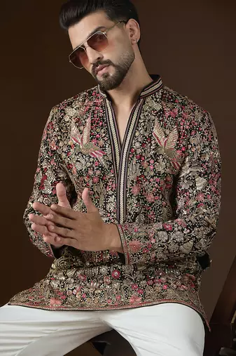 Men’s black georgette kurta with solid sequins embroidered | trendy ethnic wear for festive, wedding & party occasions