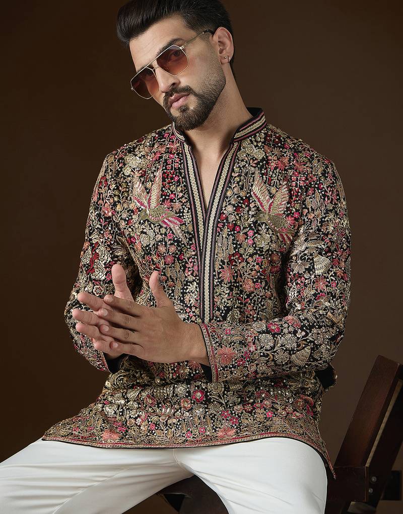 Men’s black georgette kurta with solid sequins embroidered | trendy ethnic wear for festive, wedding & party occasions