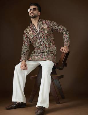 Men’s black georgette kurta with solid sequins embroidered | trendy ethnic wear for festive, wedding & party occasions 3