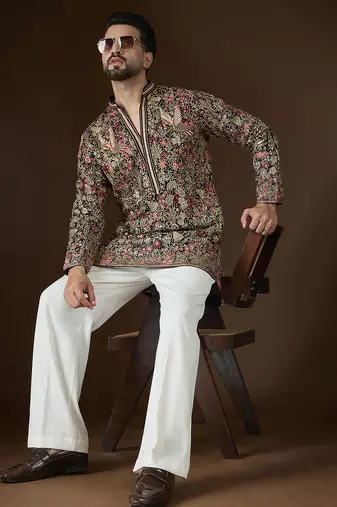Men’s black georgette kurta with solid sequins embroidered | trendy ethnic wear for festive, wedding & party occasions