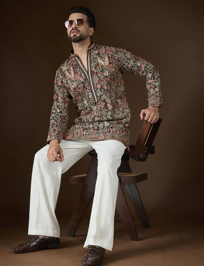 Men’s black georgette kurta with solid sequins embroidered | trendy ethnic wear for festive, wedding & party occasions
