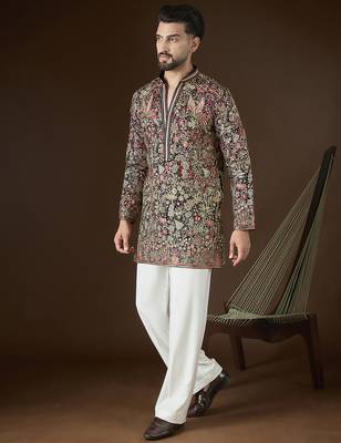 Men’s black georgette kurta with solid sequins embroidered | trendy ethnic wear for festive, wedding & party occasions 1