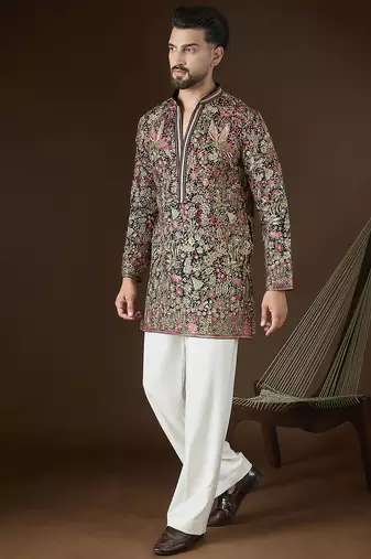 Men’s black georgette kurta with solid sequins embroidered | trendy ethnic wear for festive, wedding & party occasions