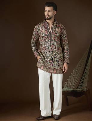Men’s black georgette kurta with solid sequins embroidered | trendy ethnic wear for festive, wedding & party occasions 5