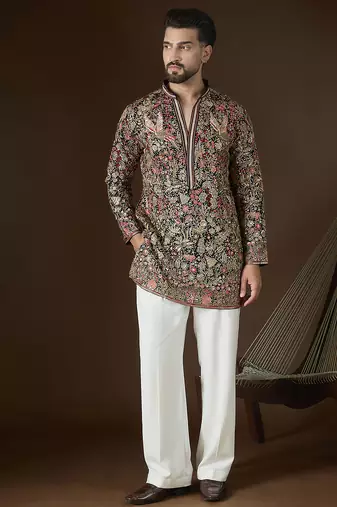 Men’s black georgette kurta with solid sequins embroidered | trendy ethnic wear for festive, wedding & party occasions