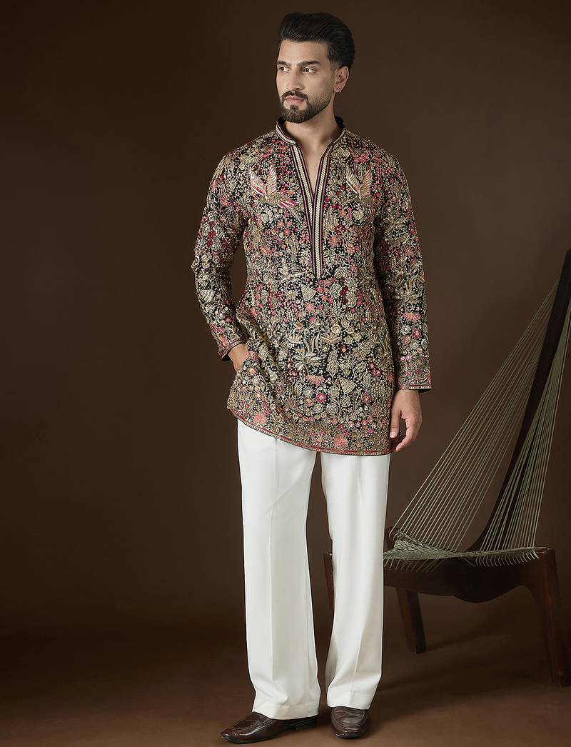 Men’s black georgette kurta with solid sequins embroidered | trendy ethnic wear for festive, wedding & party occasions