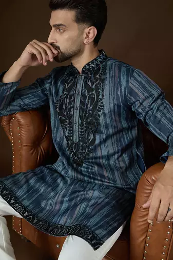 Men’s blue linen kurta with abstract beads and stones embroidered | trendy ethnic wear for festive, wedding & party